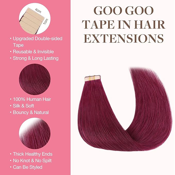 GOO GOO Tape in Hair Extensions Human Hair, Burgundy, 16inch 50g 20pcs, Skin Weft Seamless Invisible, Silky Straight with Thick Ends, Remy Human Hair