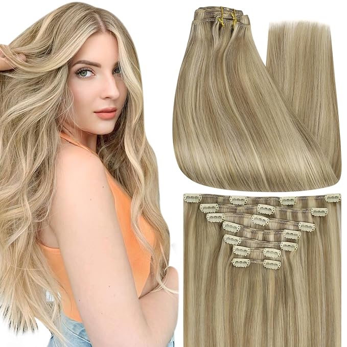 Full Shine 20 Inch Clip in Human Hair Blonde Real Hair Extensions Dirty Blonde Highlighted 7 Pcs Double Weft Brazilian Remy Hair Soft Straight Invisible Hair