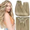 Full Shine 20 Inch Clip in Human Hair Blonde Real Hair Extensions Dirty Blonde Highlighted 7 Pcs Double Weft Brazilian Remy Hair Soft Straight Invisible Hair