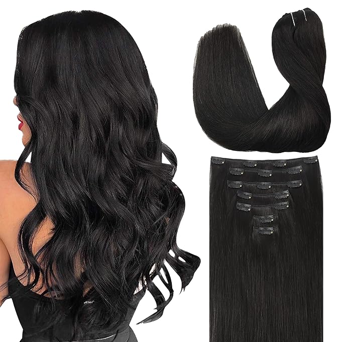 GOO GOO Clip in Hair Extensions Real Human Hair, Remy Human Hair Extensions Clip ins for Women, Natural Human Hair, 24inch 170g 7Pcs, #1B Natural Black
