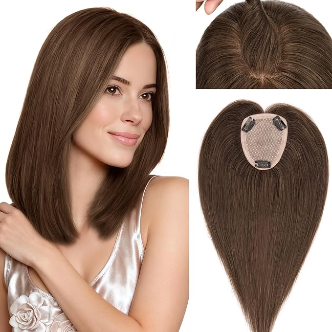 Rich Choices Human Hair Toppers for Women-100% Real Remy Hair Topper No Bang-Upgraded 150% Density 9 * 12CM Lace Base-Clip in Hairs Topper for Thinning Hairs-14Inch #2R Chocolate Brown