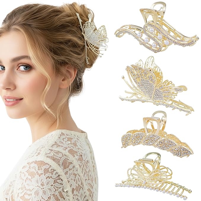 4Pcs Large Metal Hair Claw Clips with Rhinestones & Pearls, Non-Slip Waves-butterflies-leaves-bowknot Hair Clips for Thin and Thick Hair, Gold Sparkly Strong Hold Hair Claws for Women
