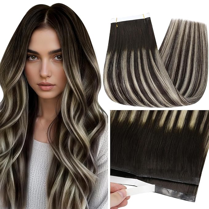 Full Shine Tape in Weft Hair Extensions Human Hair Color 2/60/2 Brown And Blonde Balayage Long Weft Wide Remy Invisible Tape in Human Hair Extensions for Women 22Inch 50G One Piece for Casual Outings