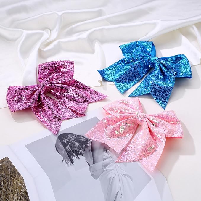 Large Glitter Cheer Bows Clips, Jumbo Big 7 Inch Cheerleading Sequin Hair Bow Hair Accessories for Teens Girls Football Sports Cheerleader Outfit Uniform (Light Purple)