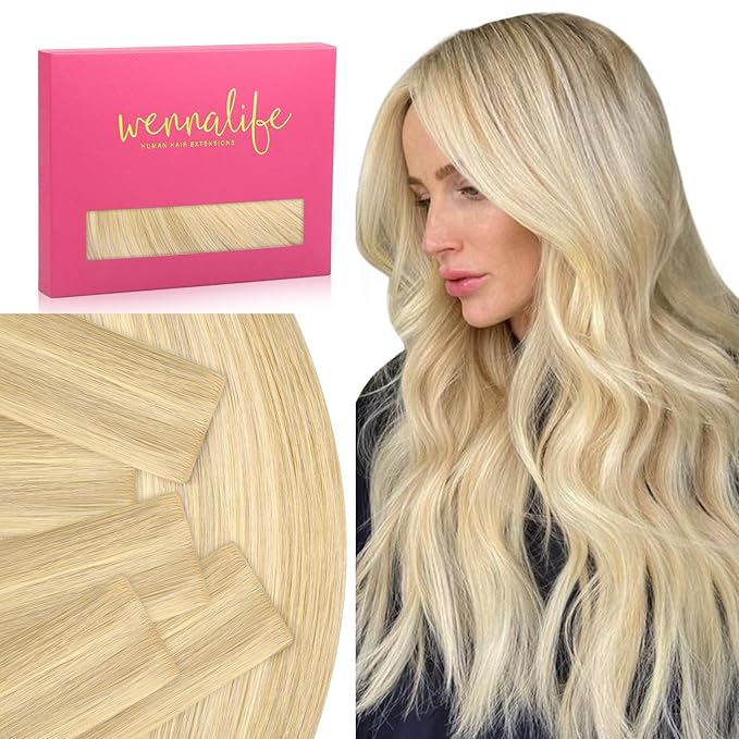 WENNALIFE Invisi Edge Tape in Hair Extensions Human Hair, 24 Inch 30g 10pcs Light Blonde Highlighted Golden Blonde Invisible Luxury Remy Hair Extensions Natural Seamless Injected Straight Extensiones