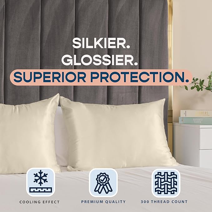BLISSFORD Satin Pillowcase with Zipper, for Hair and Skin Care, Feels Soft and Cool Like a Silk Pillowcase, Satin Pillow Cases 2 Pack, Slik Pillow Cover, Champagne, Standard, Set of 2
