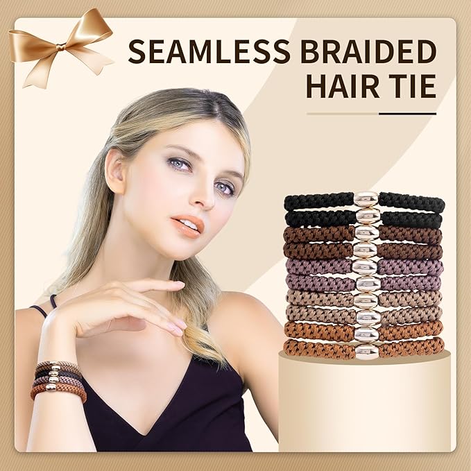 10 Pcs Hair Tie, Ties for Thick Hair, Elastic Bracelet Hair Ties with Strong Hold, Classic Thick Braided Hair Tie Bracelets for Women, Soft Hair Ties for Ponytail (Multicolor)