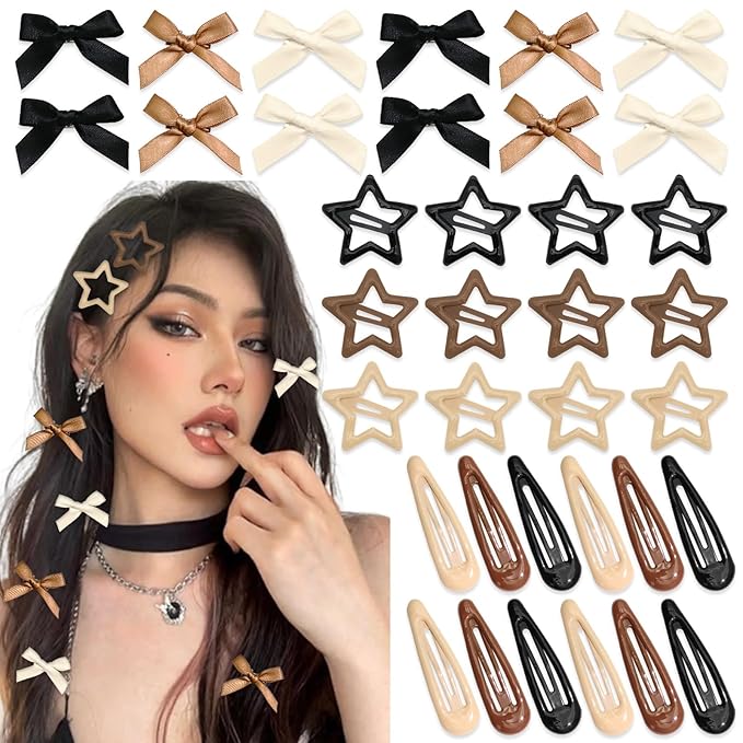 36Pcs Brown Mini Bow Hair Clips Y2K Star Metal Snap Hair Barrettes Small Hair Bows Water Drop No Slip Hair Clips for Women Cute Bowknot Star Hair Pins Accessories for Girls