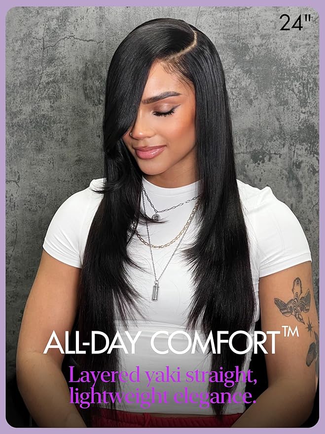 LUVME HAIR 7x6 All-Day Comfor Wig PartingMax Lace Wigs 200% Density Yaki Straight Lace Front Wigs Human Hair Pre Cut Plucked Lace Frontal Glueless 24 Inches Natural Black Color