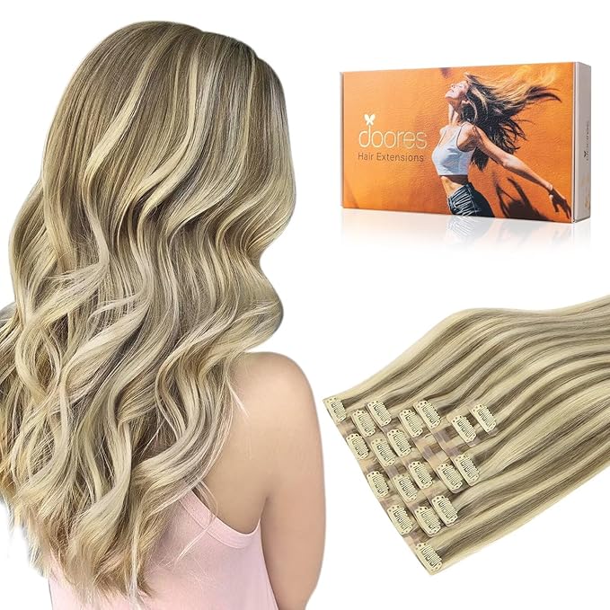 DOORES Seamless Clip in Human Hair Extensions, Light Brown Highlighted Medium Blonde 20 Inch 7pcs 110g, Clip in Straight Remy Invisi Edge Hair Extensions