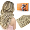 DOORES Human Hair Clip in Extensions, Light Brown Highlighted Medium Blonde14 Inch 130g 9pcs, Silky Straight Thick Extensions