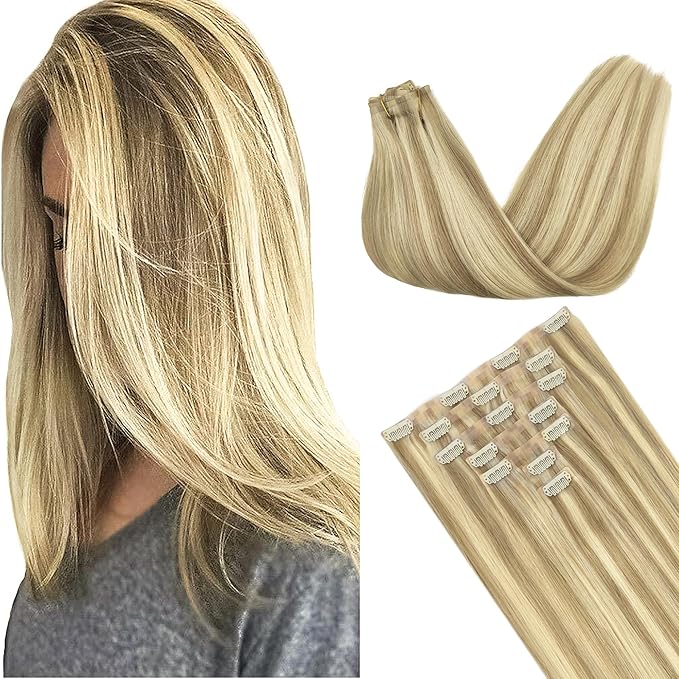 GOO GOO Clip in Hair Extensions Real Human Hair, Remy Human Hair Extensions Clip ins for Women, Natural Human Hair, 20inch 150g 7Pcs, 16/22 Light Blonde Highlighted Golden Blonde
