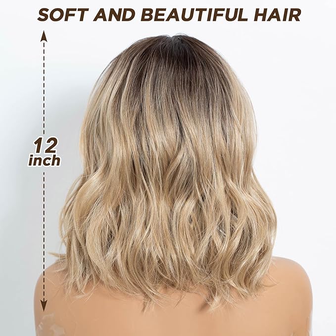 NOBLE Bob Wig Short Wigs for Women Bob Curly Wavy Hair Wigs with Bangs Heat Resistant 12 Inches Synthetic Wig for Cosplay Daily Use
