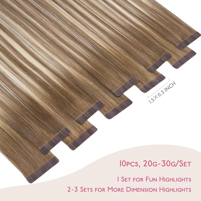 WENNALIFE Tape in Hair Extensions Human Hair Balayage Dirty Blonde with Platinum Ends Tape in Extensions, 10pcs 30g 22 inch Remy Invisible Tape Ins Straight Colored Soft Refill Set