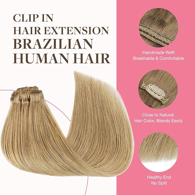 GOO GOO Clip in Hair Extensions Real Human Hair, Remy Human Hair Extensions Clip ins for Women, Natural Human Hair, 16inch 150g 9Pcs, 7 Bronde