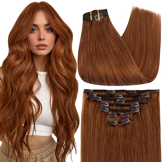 Full Shine Copper Real Hair Clip in Extensions Human Hair 14 Inch Clip in Real Hair Extensions Copper Invisible Hair Extensions for Dance 7 Pcs 120 G