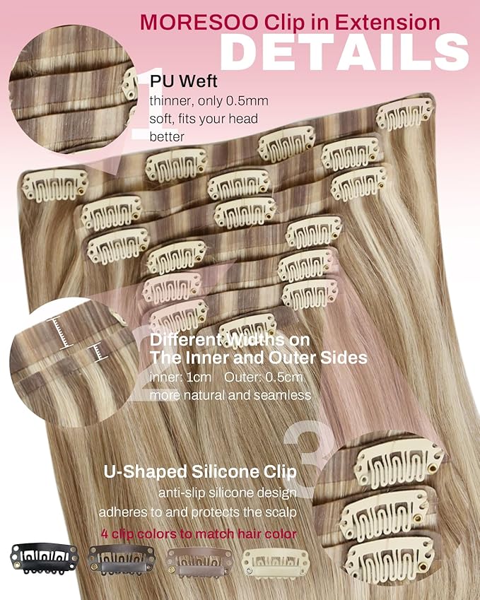 Moresoo Seamless Clip in Hair Extensions Blonde Highlight Remy PU Seamless Clip in Extensions Human Hair Light Brown with Blonde Full Head 7Pcs 120Gram 22inch