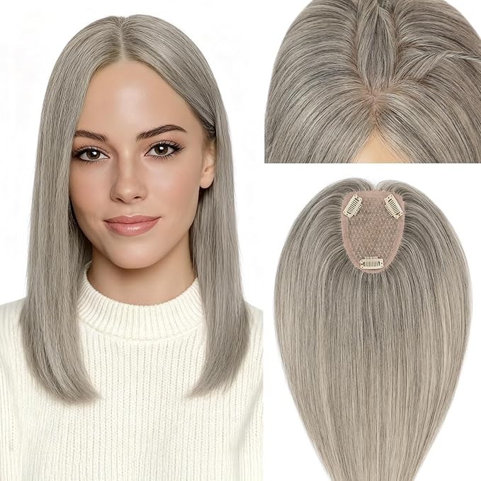Rich Choices Human Hair Toppers for Women-100% Real Remy Hair Topper No Bang-Upgraded 150% Density 9 * 12CM Lace Base-Clip in Hairs Topper for Thinning Hairs-14Inch #G3 Salt and Pepper Grey
