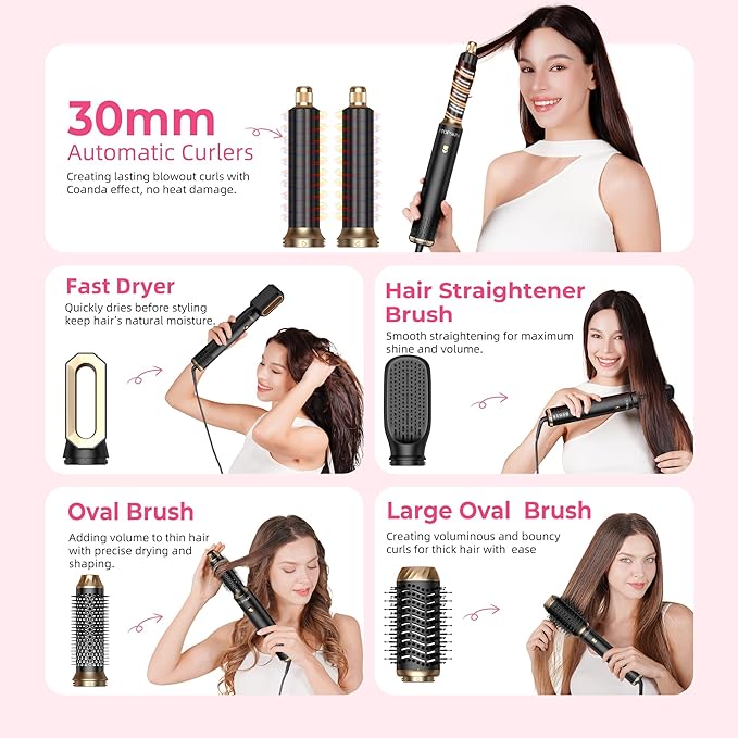 6 in 1 Hair Dryer Brush, Detachable Air Styler, 3 Heat Settings Blow Dryer Brush Frizz-Free Volumizing, Straightening, Curling ALCI Safety Plug for Travel & Home Styling (Pink-Black)