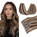 PINKPEARL Clip in Hair Extensions Human Hair 14inch 120g 7pcs Remy Human Hair Extensions Clip in #4P27 Chocolate Brown Highlighted Caramel Blonde Clip Hair Natural Human Hair(#4P27-14)