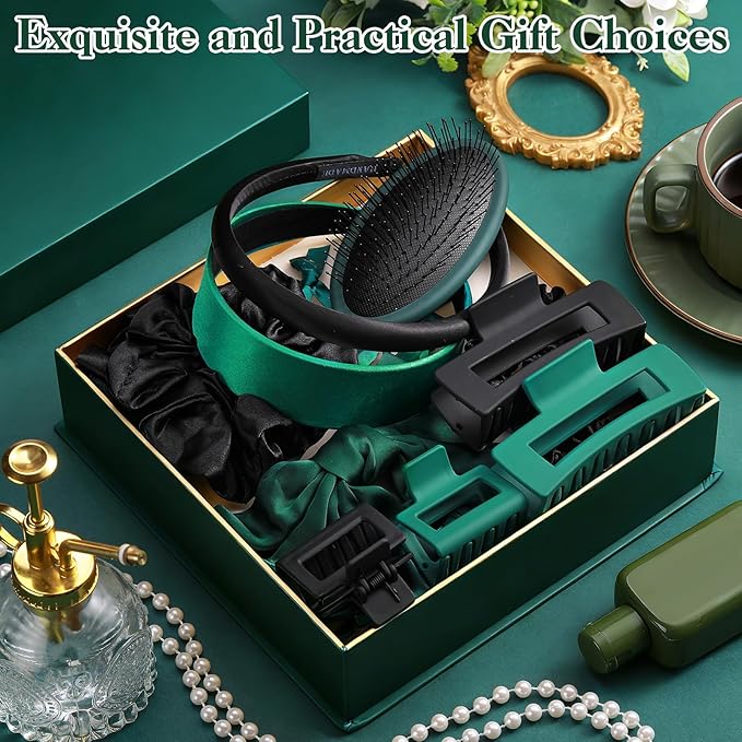 Hair Accessories Kit for Women, 27 PCS Set Included Hair Scrunchies, Claw Clips, Bow Clips, Hair Brush and Headband Hair Gift for Women (Dark Green)