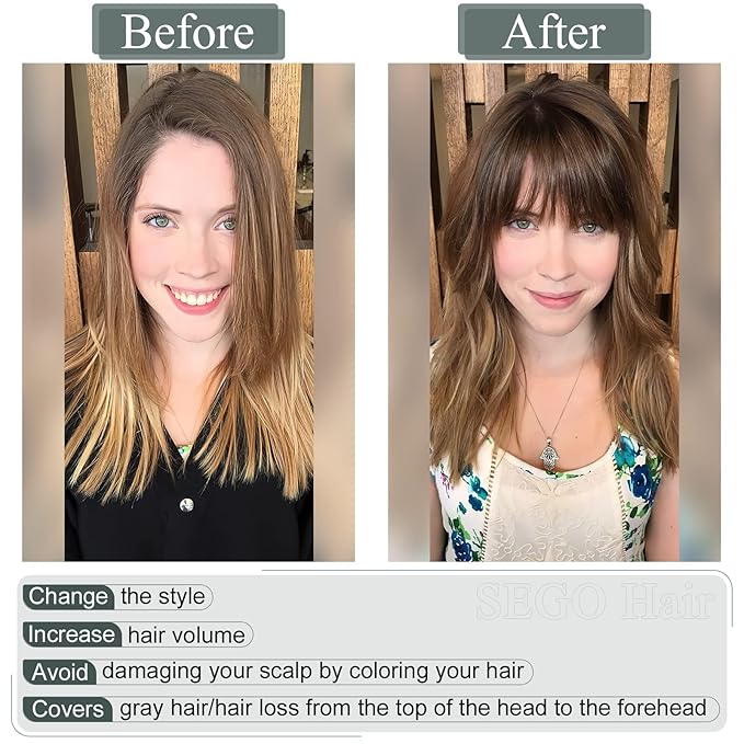 SEGO Hair Toppers for Women Real Human Hair with Thinning, with Front Bangs Clip in Toppers Straight 150% Density Silk Base -16 Inch #27 Dark Blonde