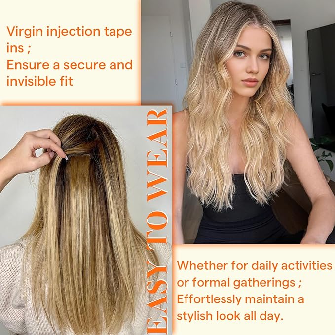 Full Shine Injection Tape in Human Hair Extensions Color R3 Dark Brown to 8 Light Brown Injected Tape in Hair Extensions Human Hair 16 Inch Silky Straight Hair 10Gram 5Pcs for Transitioning Hair
