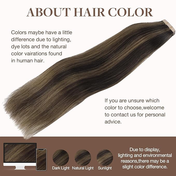 GOO GOO Tape in Hair Extensions Human Hair, 2/6 Dark Brown Highlighted Chestnut Brown, 20inch 50g 20pcs, Skin Weft Seamless Invisible, Silky Straight with Thick Ends, Remy Human Hair