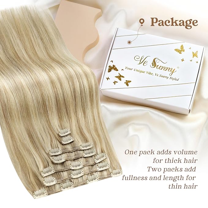 Ve Sunny Human Hair Clip in Extensions Dark Blonde Highlights Golden Blonde Remy Hair Extensions for Women Clip on Hair Extensions Human Hair Short 5pcs 80g 12 inch