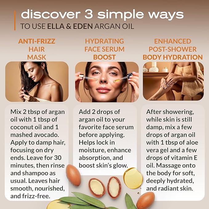 Ella & Eden Organic Moroccan Argan Oil - 100% Pure Cold-Pressed USDA Certified Unrefined – for Hair, Face & Skin – 4 Fl Oz Glass Bottle