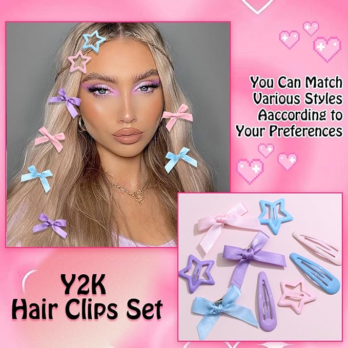 36Pcs Pink Mini Bow Hair Clips 3 Color Star Snap Hair Barrettes for Women Blue Water Drop No Slip Hair Clips Purple Small Hair Bows Star Bowknot Hair Accessories for Teens Girls
