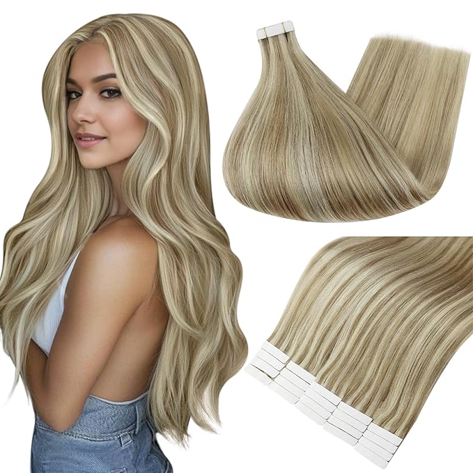 Full Shine Tape in Extensions Human Hair 18 Inch Color 16 Light Golden Blonde Highlighted 22 Blonde Seamless Double Sided Human Hair Extensions Tape in 40PCS Invisible Remy Hair 100 Grams for Wedding