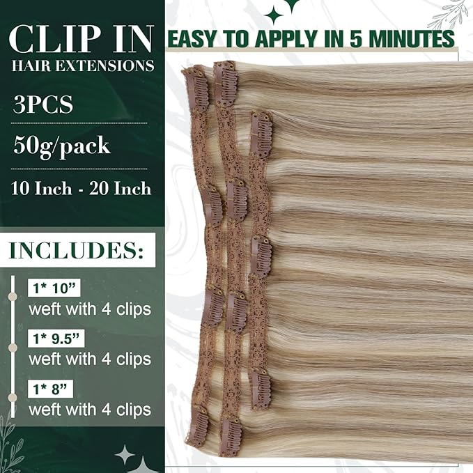 RUNATURE Human Hair Clip in Extensions Straight, Remy Clip in Hair Extensions Real Human Hair for Women, Remy Brazilian Hair, 16 Inch 50g 3pcs #8P60 Ash Brown Highlight Platinum Blonde