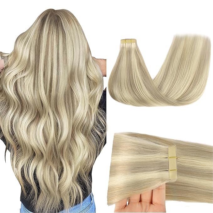 GOO GOO Tape in Hair Extensions Human Hair, 17A/60A Ash Blonde Highlighted Platinum Blonde, 20inch 50g 20pcs, Skin Weft Seamless Invisible, Silky Straight with Thick Ends, Remy Human Hair