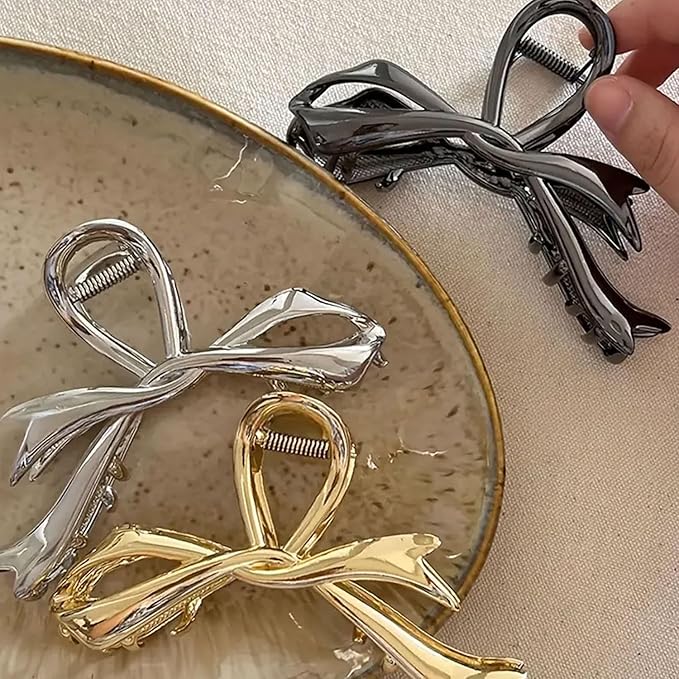 Black Ribbon Bow Metal Hair Clips Claw, 1Pcs 4.52Inch Hair Claw Clips for Thin Thick Hair Accessories Alloy Elegant Non-Slip Strong Hold Grip Hair Jaw Clip(Black Ribbon)