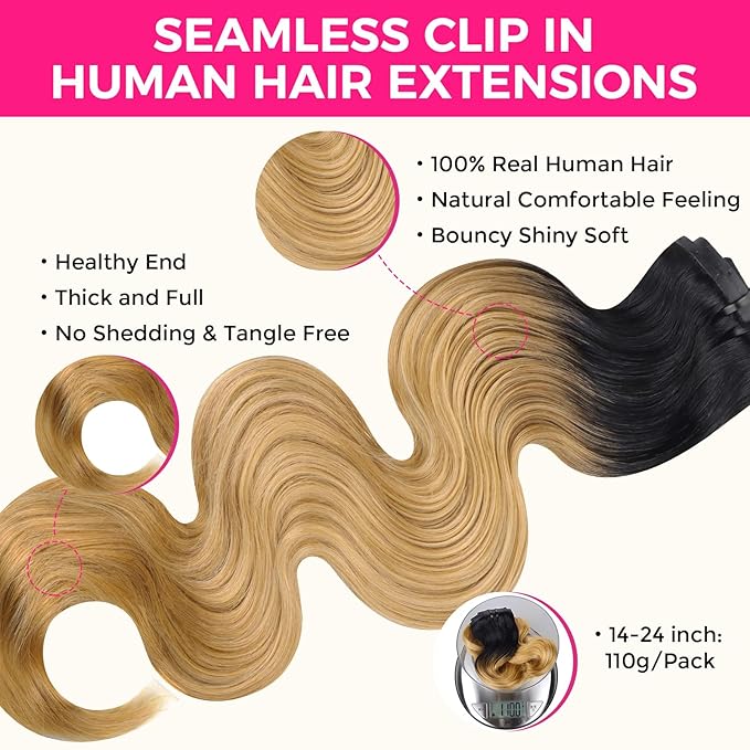Lashey Seamless Clip in Hair Extensions Human Hair Body Wave 24 Inch Clip ins 110g 7pcs Ombre Natural Black to Honey Blonde Human Hair Extensions for Women