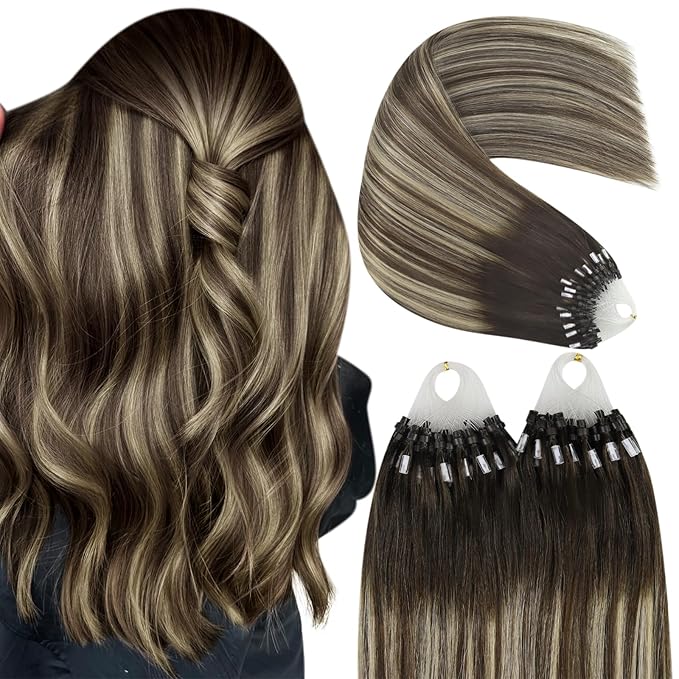 YoungSee Micro Link Hair Extensions Human Hair Balayage Micro Loop Hair Extensions Dark Brown Ombre Blonde Balayage Brown Bead Extension Human Hair 20In 50g 50s Microring Hair Extension for Wedding