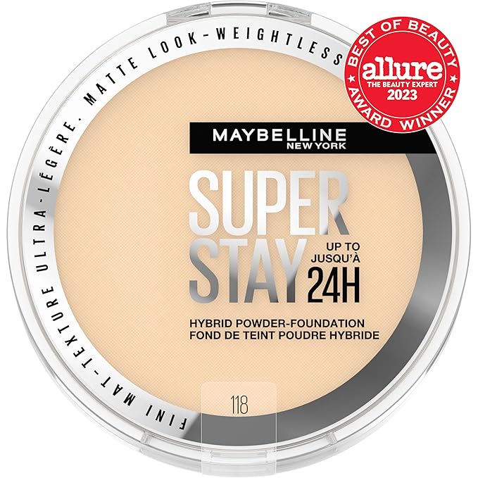 Maybelline Super Stay Up to 24HR Hybrid Powder-Foundation, Medium-to-Full Coverage Makeup, Matte Finish, 118, 1 Count