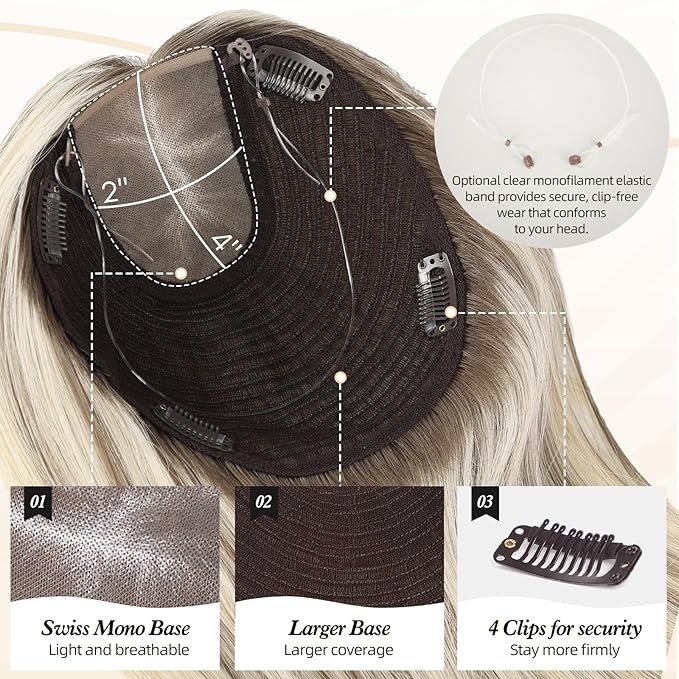 MONO TOP Hair Toppers for Women Human Hair 12 Inch 7"×8" Big Base Partial wig Cover Thinning Hair or Loss No Bangs Top Hair Pieces Natural Wiglets (Brown)