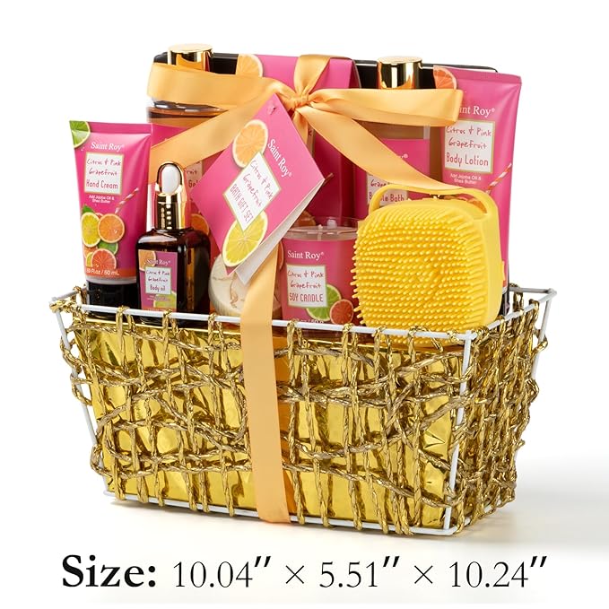 Bath Spa Body Gift Set, Luxury Christmas Gifts for Women Citrus Pink Grapefruit Spa Kit Gift Woman, 11 Pcs Self Care Kit Gifts With Bubble Bath, Massage Oil, Bath Brush, Birthday Gifts for Women