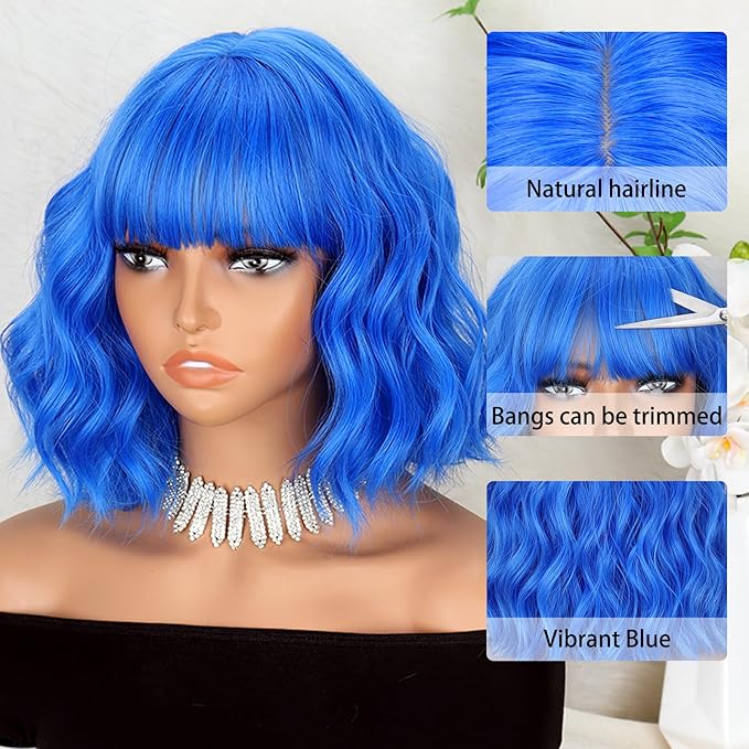 MISSQUEEN Short Dark Blue Wigs with Bangs for Women Synthetic Shoulder Length Wavy Bob Wig for Girl Colorful Costume Wigs (Blue)