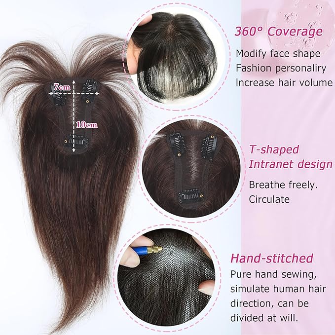 Hair Toppers for Women Real Human Hair Clip in Bangs 360° Cover Remy Human Hair Topper with Bangs for Thinning Realistic Scalp Upgrade Swiss Lace Base Hairpieces Cover Gray Hairy Roots Medium Brown