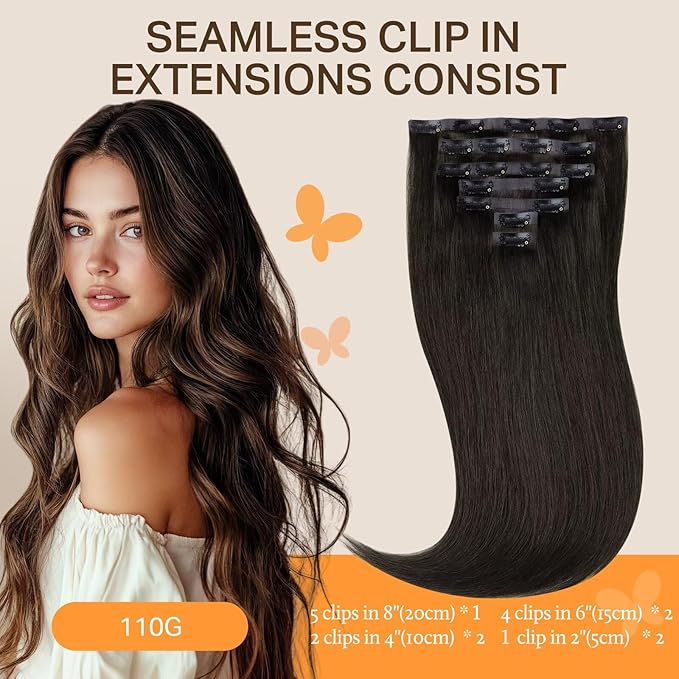 DOORES Mocha Brown Real Human Hair Extensions, 7pcs 120g 24 Inch, Clip in, Seamless, Natural Invisi Edge, Straight