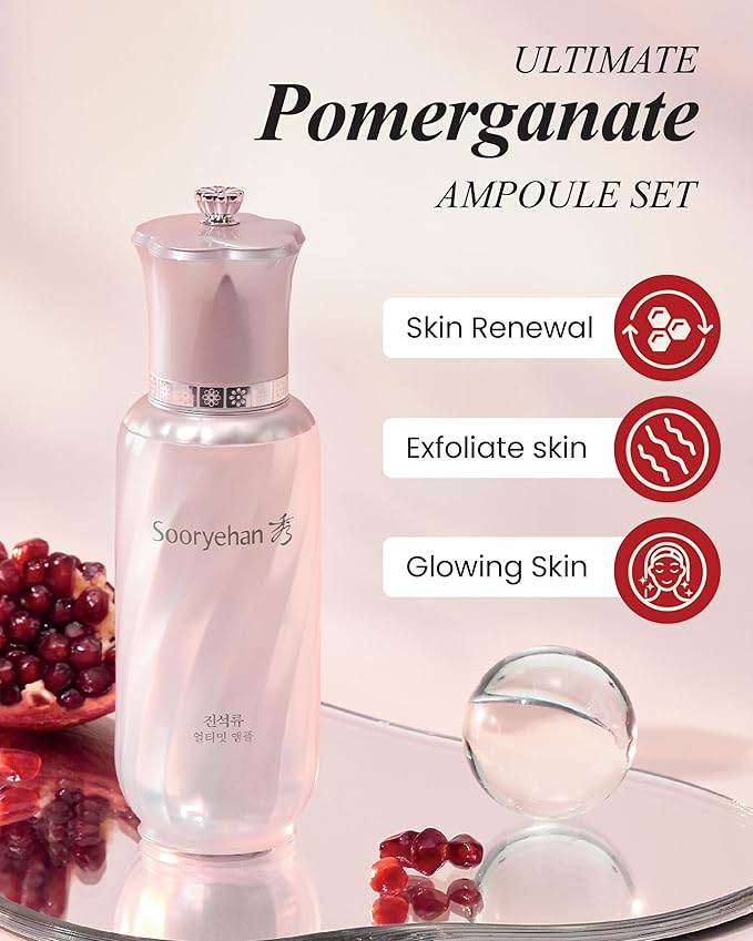 Sooryehan Ultimate Pomegranate (Ampoule Set, 1.9fl oz) - Skin Elasticity, Reduced Wrinkles & Skin Tone Improvement, Elastin, Vitamin C, Adenosine & Niacinamide