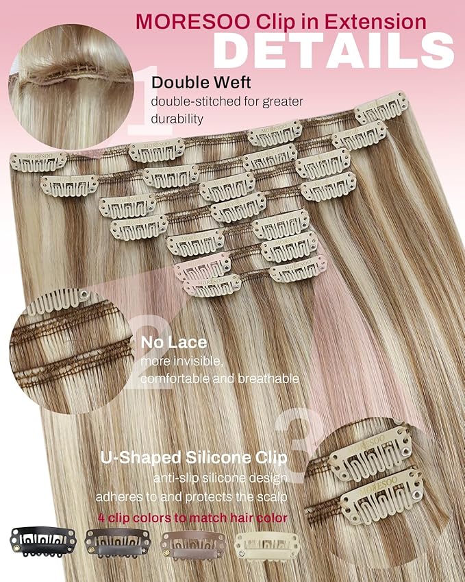 Moresoo Clip in Hair Extensions Light Brown with Platinum Blonde Hair Extensions Clip ins Long And Straight Brown Brown with Blonde to Add Highlights 135g/7pcs 18inch