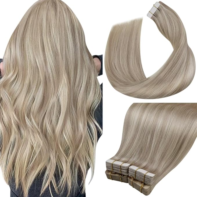 LaaVoo Human Hair Tape in Extensions Ash Blonde Tape in Hair Extensions Human Hair Highlights Blonde with Ash Blondes 00G 40pcs 20Inch