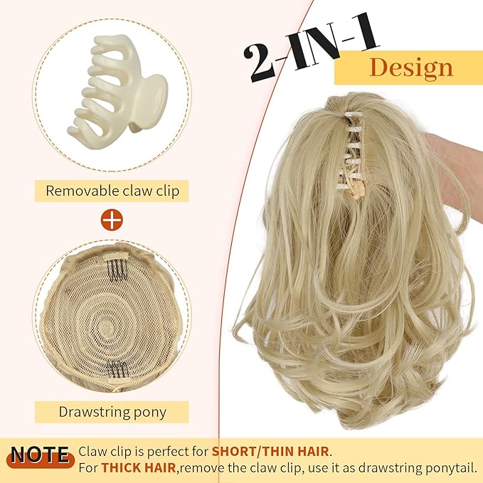 KooKaStyle Ponytail Extension, 10" Short Claw Clip in Pony Tails Hair Extensions Curly Wavy Synthetic Drawstring Hairpieces for Women(Light Ash Blonde)