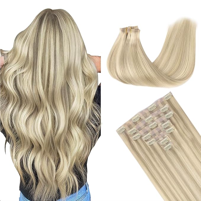 GOO GOO Clip in Hair Extensions Real Human Hair, Remy Human Hair Extensions Clip ins for Women, Natural Human Hair, 22inch 160g 7Pcs, #17A/60A Ash Blonde Highlighted Platinum Blonde