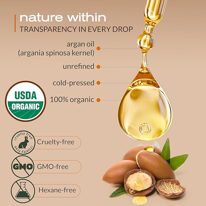 Ella & Eden Organic Moroccan Argan Oil - 100% Pure Cold-Pressed USDA Certified Unrefined – for Hair, Face & Skin – 4 Fl Oz Glass Bottle