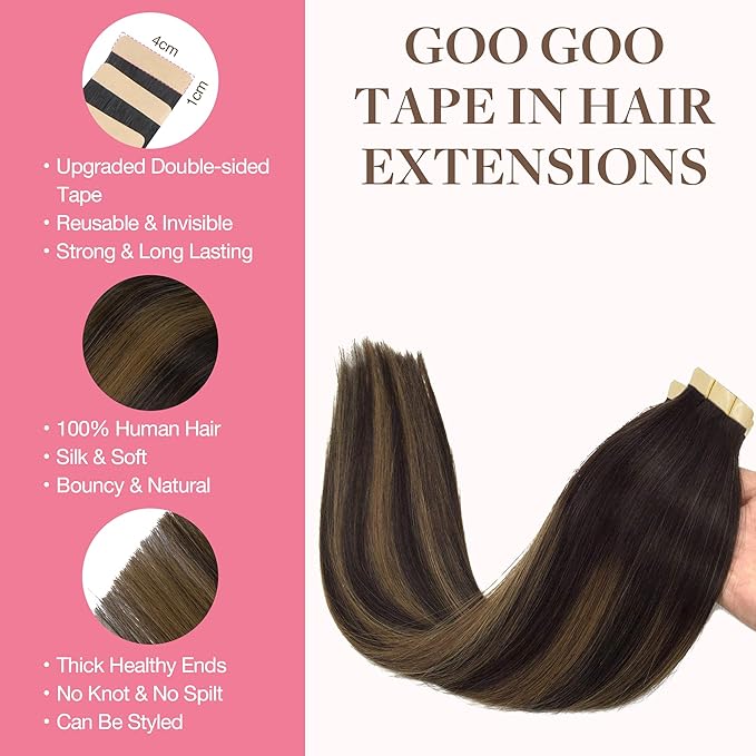 GOO GOO Tape in Hair Extensions Human Hair, 2/6/2 Balayage Dark Brown to Chestnut Brown, 20inch 50g 20pcs, Thick Ends Straight Seamless, Invisible